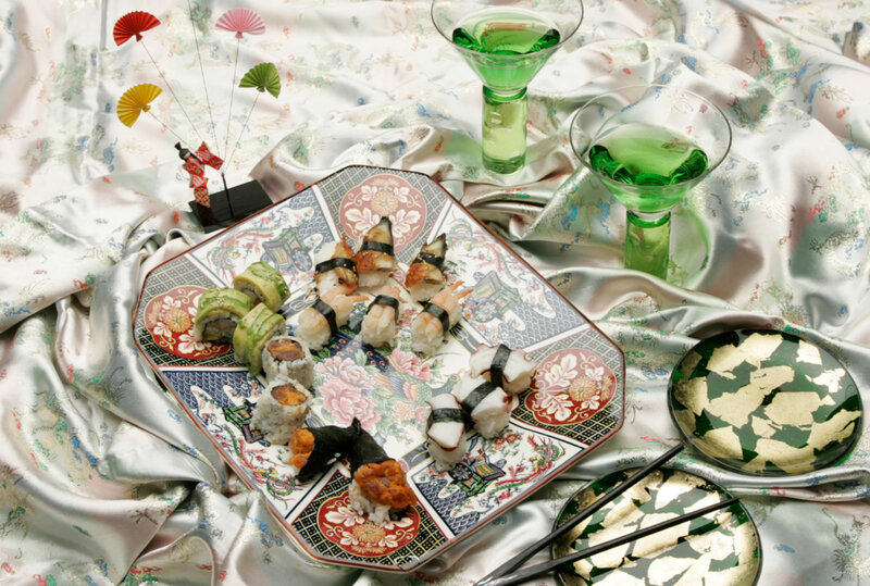 Serving tray with an assortment of appetizers with cocktails