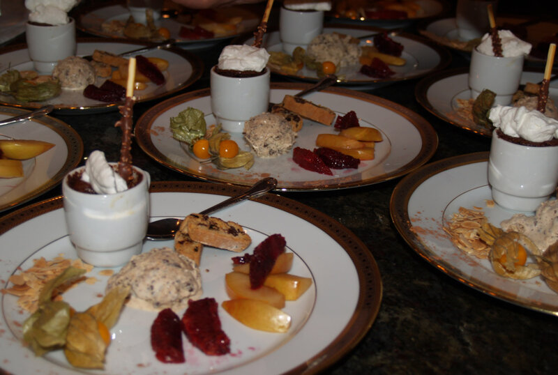 Plates with fruits, bread and spreads